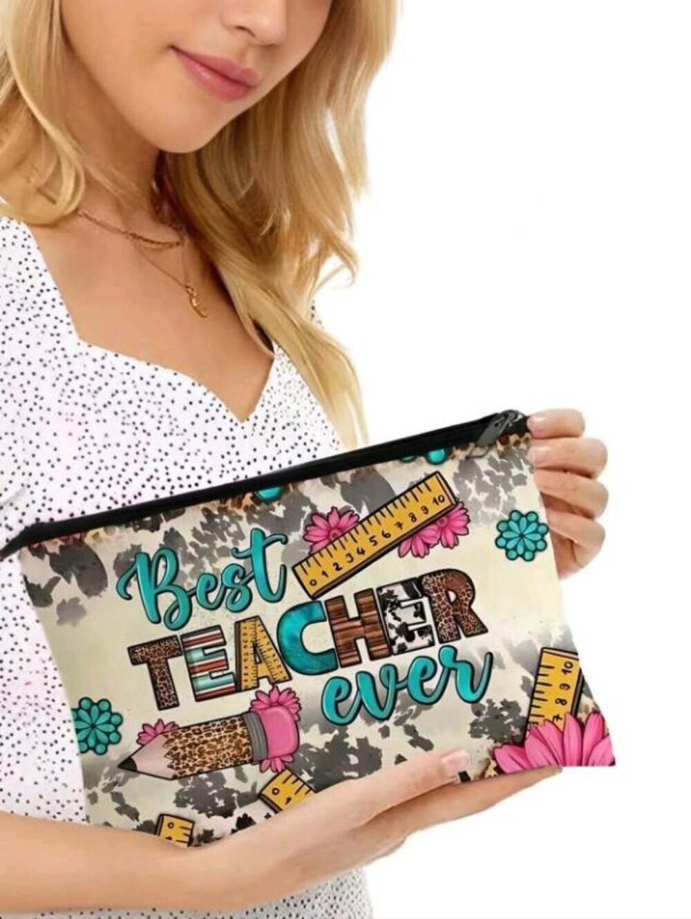 Best Teacher Ever Floral Pencil Pouch Turquoise & Pink Zipper Canvas Purse